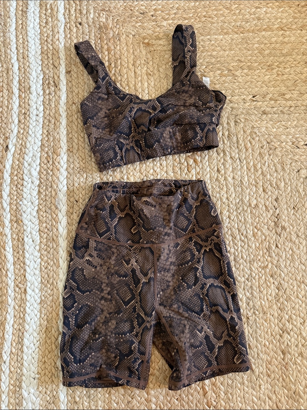 Varley Brown Snake Print Sports Bra & Bike Shorts Set